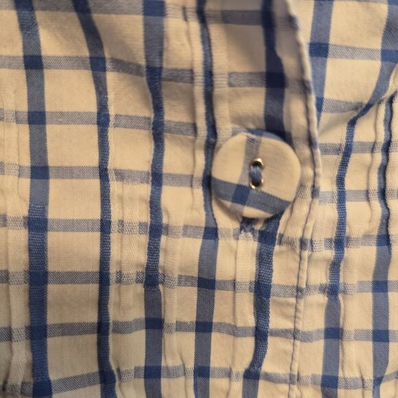 FOXCROFT NYC SIZE 10 SHAPED BLUE WHITE STRIPE TUNIC 3/4 SLEEVES VNECK CRINKLE - Picture 5 of 11